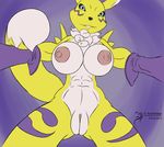  2015 anthro arashidrgn bandai blue_eyes breasts chest_tuft digimon female fur mammal nipples nude open_mouth pussy renamon smile tuft white_fur yellow_fur 