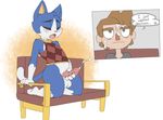  animal_crossing balls barbs blue_fur brown_hair cat clothed clothing cum erection eyes_closed feline fur hair half-dressed human male mammal masturbation nintendo penis rover_(animal_crossing) video_games villager_(animal_crossing) 