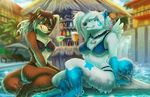  2015 anthro beverage bra canine clothing duo feathers female fur glass ifus ifus_(character) looking_at_viewer mammal panties pool resort smile underwear water wet white_fur wings wolf 