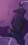  2015 absurd_res anthro anthrofied bit_gag blue_eyes breasts bridle butt clothing collar corset equine female friendship_is_magic gag glowing glowing_eyes hair hi_res horn long_hair looking_at_viewer mammal my_little_pony nightmare_rarity_(mlp) oops_(artist) purple_hair rarity_(mlp) solo unicorn 