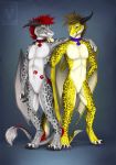  2019 4_toes anthro brown_hair digital_media_(artwork) digitigrade dragon duo green_eyes grey_scales hair horn hybrid male minerea nude red_hair scales simple_background smile toes yellow_scales 