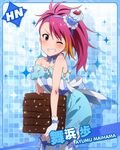 ;d bare_shoulders character_name chocolate dress food gloves hair_ornament hairband idolmaster idolmaster_million_live! looking_at_viewer maihama_ayumu multicolored_hair official_art one_eye_closed open_mouth pink_eyes pink_hair ponytail smile solo thighhighs v-shaped_eyebrows wavy_mouth white_gloves 