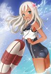  :d bare_shoulders blonde_hair blue_eyes blue_sky ccaw cloud crop_top day flower hair_flower hair_ornament highres kantai_collection lifebuoy long_hair looking_at_viewer neckerchief ocean open_mouth ro-500_(kantai_collection) sailor_collar school_swimsuit sky smile solo swimsuit swimsuit_under_clothes tan tanline wading 