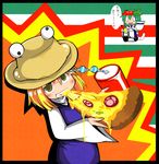  blonde_hair cup detached_sleeves drinking drinking_straw eating food frog frog_hair_ornament green_eyes green_hair ground_vehicle hair_ornament hat holding_pizza kochiya_sanae kunitori long_hair moriya_suwako motor_vehicle multiple_girls open_mouth pizza pizza_box pizza_delivery pyonta scooter short_hair slice_of_pizza smile touhou 
