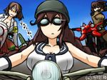  armband biker_clothes bikesuit breasts brown_hair chiyoda_(kantai_collection) cleavage dated gloves goggles ground_vehicle hachimaki hamu_koutarou headband helmet ise_(kantai_collection) kantai_collection large_breasts motor_vehicle motorcycle motorcycle_helmet multiple_girls noshiro_(kantai_collection) pose shirt sleeveless sleeveless_shirt translated 