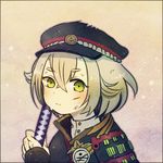  armor ayu_(mog) bad_id bad_pixiv_id face green_eyes hair_flaps hat hotarumaru japanese_armor katana looking_at_viewer lowres male_focus shoulder_armor sode solo sword touken_ranbu upper_body weapon 