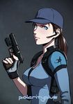  alternate_costume baseball_cap blue_eyes breasts brown_hair daniel_macgregor fingerless_gloves gloves gun handgun hat headset holding holding_gun holding_weapon holster jill_valentine laser_sight lips long_hair medium_breasts nose pistol ponytail resident_evil resident_evil_5 shoulder_holster soejima_shigenori_(style) solo trigger_discipline upper_body weapon 