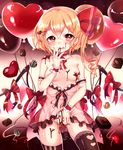  balloon black_legwear blonde_hair blush breasts candy chocolate chocolate_on_breasts chocolate_on_pussy choker drill_hair flandre_scarlet food hair_ornament heart heart-shaped_pupils heart_balloon heart_hair_ornament highres licking_lips long_hair looking_at_viewer mismatched_legwear nipples off_shoulder paragasu_(parags112) red_eyes side_ponytail small_breasts smile solo symbol-shaped_pupils thighhighs tongue tongue_out touhou valentine 