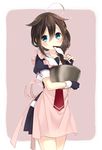  apron black_hair blue_eyes braid chocolate gloves hair_ornament hair_over_shoulder highres kantai_collection long_hair mixing_bowl naoto_(tulip) shigure_(kantai_collection) single_braid solo spatula 