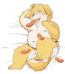  2019 anthro belly blush canid canine canis clothing cute_fangs dog food humanoid_hands kentachen27 lying male mammal moobs navel nipples overweight overweight_male solo tongue tongue_out underwear young 