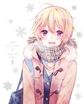 blonde_hair coat horiizumi_inko itoshi_no_karin kawai_karin looking_at_viewer open_mouth purple_eyes scarf short_hair smile snowflakes solo unbuttoned 