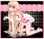  :&lt; all_fours argyle argyle_background bangs bare_legs black_background blonde_hair brown_eyes chii chobits doily dress elbow_gloves fingerless_gloves gloves hair_tubes high_heels long_hair robot_ears shoes short_dress signature very_long_hair white_dress white_footwear white_gloves yoruel 