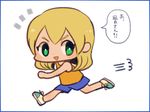  ayu_(mog) bad_id bad_pixiv_id blonde_hair blue_border border chibi full_body green_eyes inazuma_eleven inazuma_eleven_(series) long_hair looking_back male_focus miyasaka_ryou open_mouth running shoes simple_background solo speech_bubble white_background 