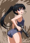  ass bad_id bad_pixiv_id black_hair desert_eagle from_behind gun handgun holding holding_gun holding_weapon locked_slide long_hair looking_back one-piece_swimsuit open_mouth original pistol purple_eyes rohitsuka school_swimsuit shiny shiny_skin solo swimsuit trigger_discipline twintails weapon 