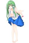  barefoot blue_skirt breasts cleavage collarbone detached_sleeves frog_hair_ornament full_body green_eyes green_hair hair_ornament heart highres knees_touching kochiya_sanae large_breasts leaning_forward long_hair looking_at_viewer miniskirt parted_lips pigeon-toed pleated_skirt puckered_lips shirt simple_background skirt snake_hair_ornament solo standing surota touhou very_long_hair white_background white_shirt 
