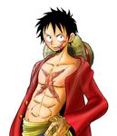  1boy black_hair hand_on_hip headwear_removed male male_focus monkey_d_luffy one_piece open_shirt red_shirt sash scar shirt simple_background smile solo straw_hat tongue 