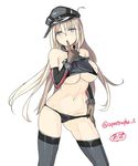  adapted_costume apo_(apos2721) artist_name bad_id bad_twitter_id bismarck_(kantai_collection) black_panties blonde_hair blue_eyes blush breasts brown_gloves detached_sleeves finger_to_mouth gloves grey_legwear groin hand_on_hip hat highres kantai_collection large_breasts long_hair navel no_bra panties panty_pull peaked_cap sideboob simple_background solo thighhighs twitter_username underboob underwear very_long_hair white_background 
