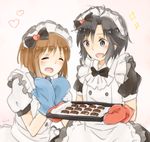  :d ^_^ antenna_hair apron baking_sheet black_hair bob_cut bow bowtie brown_hair closed_eyes cookie food hagiwara_yukiho hair_bow idolmaster idolmaster_(classic) kikuchi_makoto maid maid_apron maid_headdress mittens multiple_girls open_mouth oven_mitts short_hair smile sun_(knp_ta1y0) 