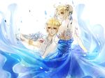  1girl artoria_pendragon_(all) backless_outfit bingxiaojian blonde_hair blue_dress bracelet cup dress drinking_glass fate/stay_night fate_(series) formal gilgamesh hair_bun highres jewelry saber suit tattoo wine_glass 