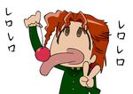  ai_mai_mii cherry choborau_nyopomi_(style) commentary_request earrings flat_color food fruit gakuran jewelry jojo_no_kimyou_na_bouken kakyouin_noriaki licking long_tongue male_focus parody red_hair rero_rero school_uniform simple_background solo stardust_crusaders tongue tongue_out upper_body v white_background yonarude 