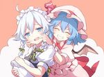  60mai bat_wings blue_eyes blue_hair blush bow braid closed_eyes fingersmile hair_bow hair_ornament hat hat_ribbon izayoi_sakuya jewelry looking_at_viewer maid_headdress mob_cap multiple_girls puffy_sleeves remilia_scarlet ribbon sash shirt short_hair short_sleeves silver_hair simple_background skirt skirt_set teeth touhou twin_braids vest wings 