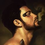  adam_jensen beard close-up cyborg deus_ex deus_ex:_human_revolution facial_hair from_side ilya_kuvshinov lips male_focus nose science_fiction shirtless smoke smoking solo 