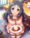  black_hair blurry blush bokeh boots breasts brown_eyes depth_of_field food fruit idolmaster idolmaster_cinderella_girls indoors jpeg_artifacts large_breasts long_hair looking_at_viewer official_art oonuma_kurumi open_mouth plate solo sparkle strawberry tears tissue_box wavy_mouth 