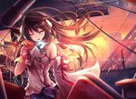  akkijin brown_eyes brown_hair commentary_request detached_sleeves headphones highres kokone_(vocaloid) long_hair mismatched_sleeves one_eye_closed solo vocaloid 
