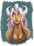  bare_shoulders breasts cleavage dark_skin endless_library green_eyes horns lips lizhp_libellus_aetern-ritter long_hair medium_breasts monster_girl no_pupils nose original pink_hair pointy_ears solo tank_top upper_body whistle_frog 