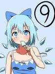  1girl adapted_costume blue_background blue_eyes blue_hair blush bow cirno collarbone eating food hair_bow ice ice_wings popsicle shinori short_hair solo spaghetti_strap strap_slip sweat touhou wings 