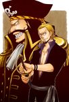  blonde_hair brown_hair duo facial_hair glasses goatee gol_d_roger hat male male_focus multiple_boys mustache one_piece pirate sash silvers_rayleigh smile sword weapon younger 