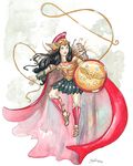  amazon armor black_hair blue_eyes cape dc_comics full_body georgia_dunn gladiator_sandals greaves helmet lasso pteruges red_cape sandals shield signature smile traditional_media vambraces watercolor watercolor_(medium) weapon winged_helmet wonder_woman wonder_woman_(series) 