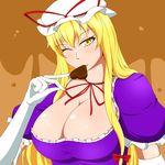  blonde_hair breasts chocolate chocolate_heart choker cleavage commentary_request dress elbow_gloves frilled_dress frills gloves hat hat_ribbon heart heart-shaped_pupils highres huge_breasts lactone long_hair looking_at_viewer mob_cap mouth_hold one_eye_closed puffy_short_sleeves puffy_sleeves purple_dress ribbon ribbon_choker short_sleeves solo symbol-shaped_pupils taut_clothes taut_dress touhou upper_body valentine white_gloves yakumo_yukari yellow_eyes 