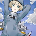  :o arms_up blonde_hair blue_eyes blue_sky cloud day hat kantai_collection long_sleeves looking_at_viewer machinery manabebebe neckerchief open_mouth sailor_collar sailor_hat short_hair sky solo z1_leberecht_maass_(kantai_collection) 