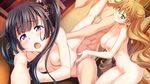  1boy 2girls areolae black_hair blonde_hair blush breasts censored game_cg green_eyes group_sex highres himegoto_union himegoto_union_last_secret kawahara_makoto kirishima_yuuki_(himegoto_union) large_breasts leg_up legs long_hair looking_at_viewer lying miyoshino_koharu multiple_girls nipples nude on_side open_mouth purple_eyes sex small_breasts smile sweat takeya_masami thighs threesome vaginal 