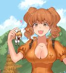  :3 blonde_hair breasts brown_eyes brown_hair cleavage cloud cosplay day diane_(nanatsu_no_taizai) diane_(nanatsu_no_taizai)_(cosplay) futaba_anzu giantess heart idolmaster idolmaster_cinderella_girls jyon large_breasts leotard long_hair meliodas meliodas_(cosplay) moroboshi_kirari mountain multiple_girls nanatsu_no_taizai open_mouth orange_leotard parody season_connection sky twintails 