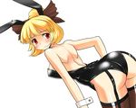  alternate_costume animal_ears ass bent_over black_legwear blonde_hair breasts bunny_ears bunnysuit embarrassed from_behind garter_straps hair_ribbon hairband kurodani_yamame leaning_forward leotard looking_at_viewer medium_breasts mono_(moiky) red_eyes ribbon short_hair solo thighhighs thighs touhou transparent_background wavy_mouth 