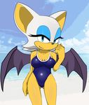  2015 anthro bat big_breasts breasts cleavage clothed clothing female jetfrozen looking_at_viewer mammal rouge_the_bat sega smile sonic_(series) swimsuit wings 