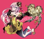  2015 alcohol anklet armpits bare_shoulders black_gloves blue_eyes champagne dated dress elbow_gloves flower full_body glass gloves hair_between_eyes hair_ornament heart jewelry long_hair megurine_luka necklace negi_(ulog'be) one_eye_closed pendant pink_background pink_hair pink_ribbon ribbon rose sandals shoes short_dress side_slit simple_background single_shoe strapless strapless_dress striped vertical_stripes vocaloid watermark web_address yellow_dress yellow_flower yellow_ribbon yellow_rose 