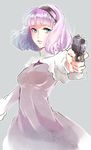  aldnoah.zero bangs blue_eyes blunt_bangs bob_cut dress gun hairband lemrina_vers_envers long_sleeves naguy_(nagui) puffy_long_sleeves puffy_sleeves purple_hair short_hair solo weapon 