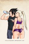  1boy 1girl ass gym gym_uniform highres long_hair naruto naruto_shippuuden ponytail r3ydart reydart short_hair smile uchiha_sasuke yamanaka_ino 