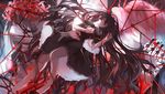  91_(968087) akemi_homura bad_id bad_pixiv_id barefoot black_hair black_hairband dress flower full_moon funeral_dress gears hair_ribbon hairband homulilly kaname_madoka long_hair looking_at_viewer lotte_(madoka_magica) mahou_shoujo_madoka_magica mahou_shoujo_madoka_magica_movie moon pink_hair polearm red_eyes ribbon short_hair short_twintails smile solo_focus soul_gem spear spider_lily spoilers star_(sky) twintails weapon witch_(madoka_magica) 