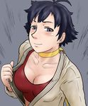  black_hair blue_eyes blush breasts choker cleavage cleavage_reach collarbone dougi highres joe_doudou makoto_(street_fighter) md5_mismatch ribbon_choker short_hair smile solo sports_bra street_fighter 