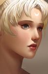  aechanart bangs bishoujo_senshi_sailor_moon blonde_hair blue_eyes close-up face facial_mark forehead_mark highres lips parted_bangs portrait princess_serenity puckered_lips realistic red_lips signature solo tears tsukino_usagi 