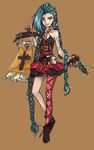  belt blue_hair boots braid dress gun highres jinx_(league_of_legends) league_of_legends lipstick long_hair makeup punk shirt shirts single_thighhigh skull tattoo twin_braids weapon 