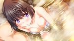  1girl areolae black_hair blush breasts collarbone embarrassed game_cg highres himegoto_union himegoto_union_motto_h kawahara_makoto legs looking_up miyoshino_koharu nipples nude onsen partially_submerged purple_eyes sitting small_breasts steam swimsuit_pull takeya_masami thighs towel water wet 