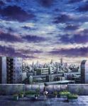  barefoot black_hair city cityscape kazami_(kuroro) looking_away plant potted_plant rooftop scenery skirt sky solo watering_can wind 