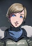  blue_eyes brown_hair coat daniel_macgregor fur_collar head_tilt lips resident_evil resident_evil_6 sherry_birkin short_hair smile soejima_shigenori_(style) solo turtleneck upper_body winter_clothes 