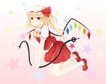  ascot bad_id bad_pixiv_id blonde_hair bobby_socks breasts flandre_scarlet hat hat_ribbon highres laevatein looking_at_viewer mary_janes miniskirt mob_cap red_eyes red_footwear ribbon shoes side_ponytail skirt skirt_set small_breasts smile socks solo star surota touhou vest wings 