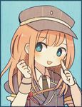  androgynous ayu_(mog) bad_id bad_pixiv_id blue_background blush hat long_hair male_focus midare_toushirou military military_uniform necktie open_mouth orange_hair peaked_cap solo touken_ranbu uniform upper_body 